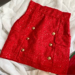 LAST ONE Red Tweed Sequin Mini Skirt